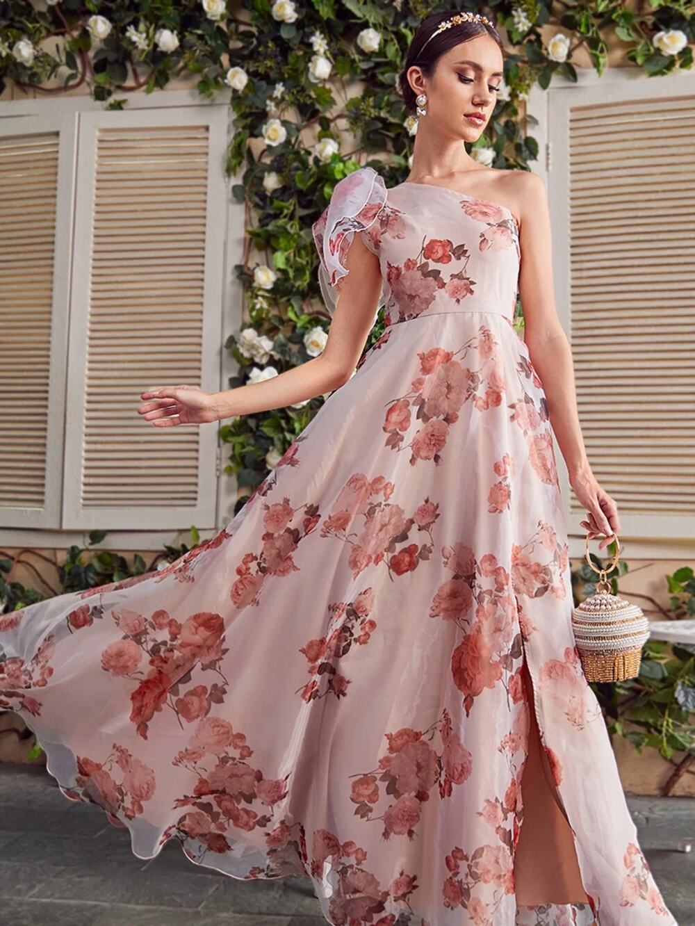 SHEIN - Belle Asymmetrical Neck Floral Romantic Bridesmaid Dress – Size XL